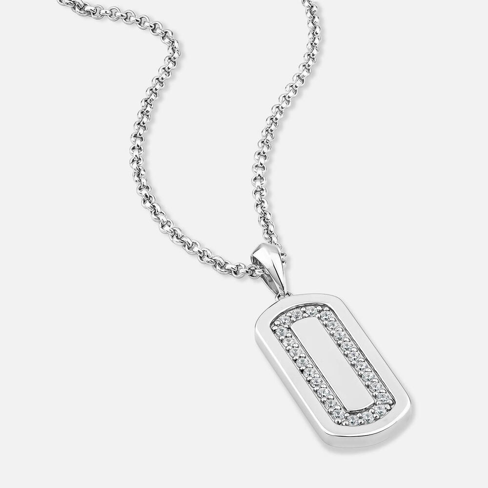 Sterling Silver Pave Cubic Zirconia Rectangular Disc Belcher Chain Pendant