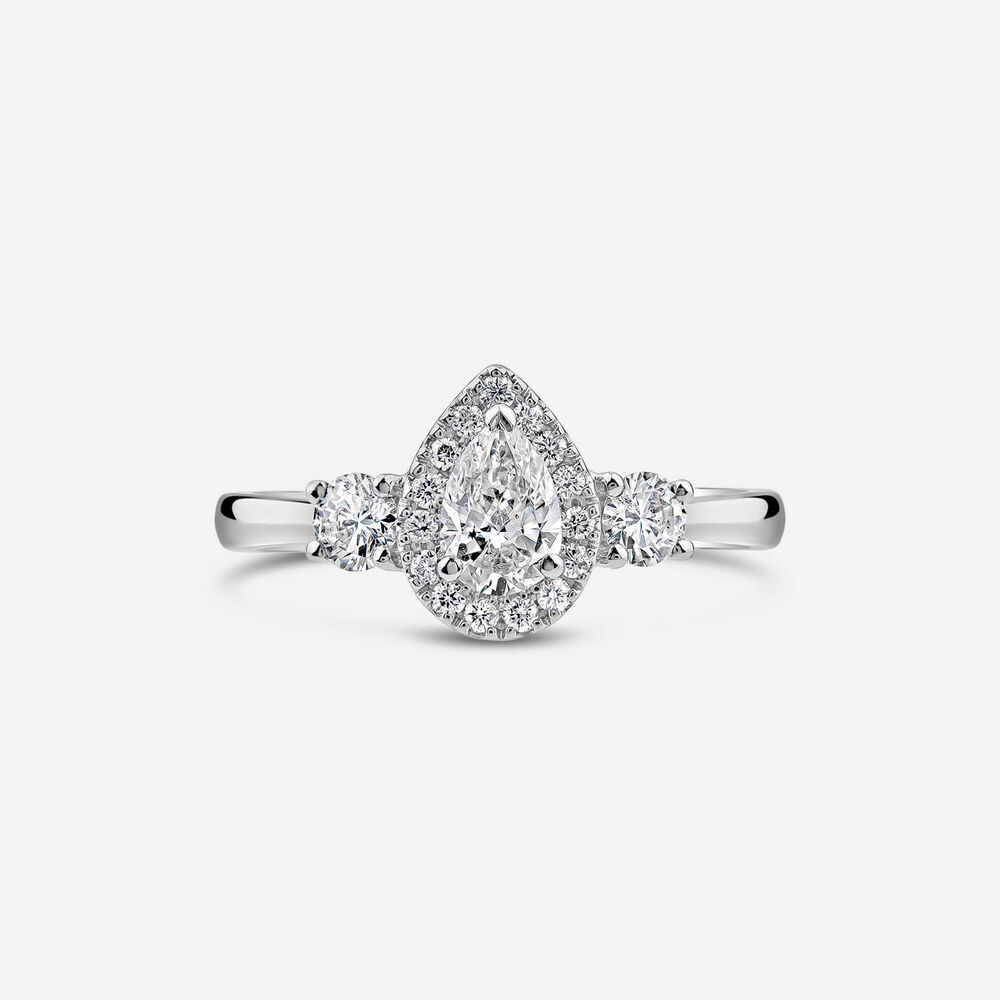 Platinum 0.72ct Pear Halo & 2 Side Stones Diamond Engagement Ring image number 1