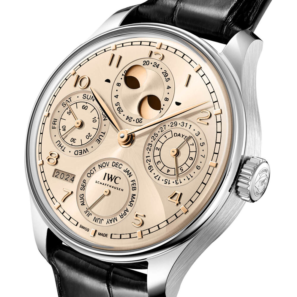 IWC Schaffhausen Portugieser Perpetual Calendar 44 Dune Dial Black Leather Strap Watch image number 1