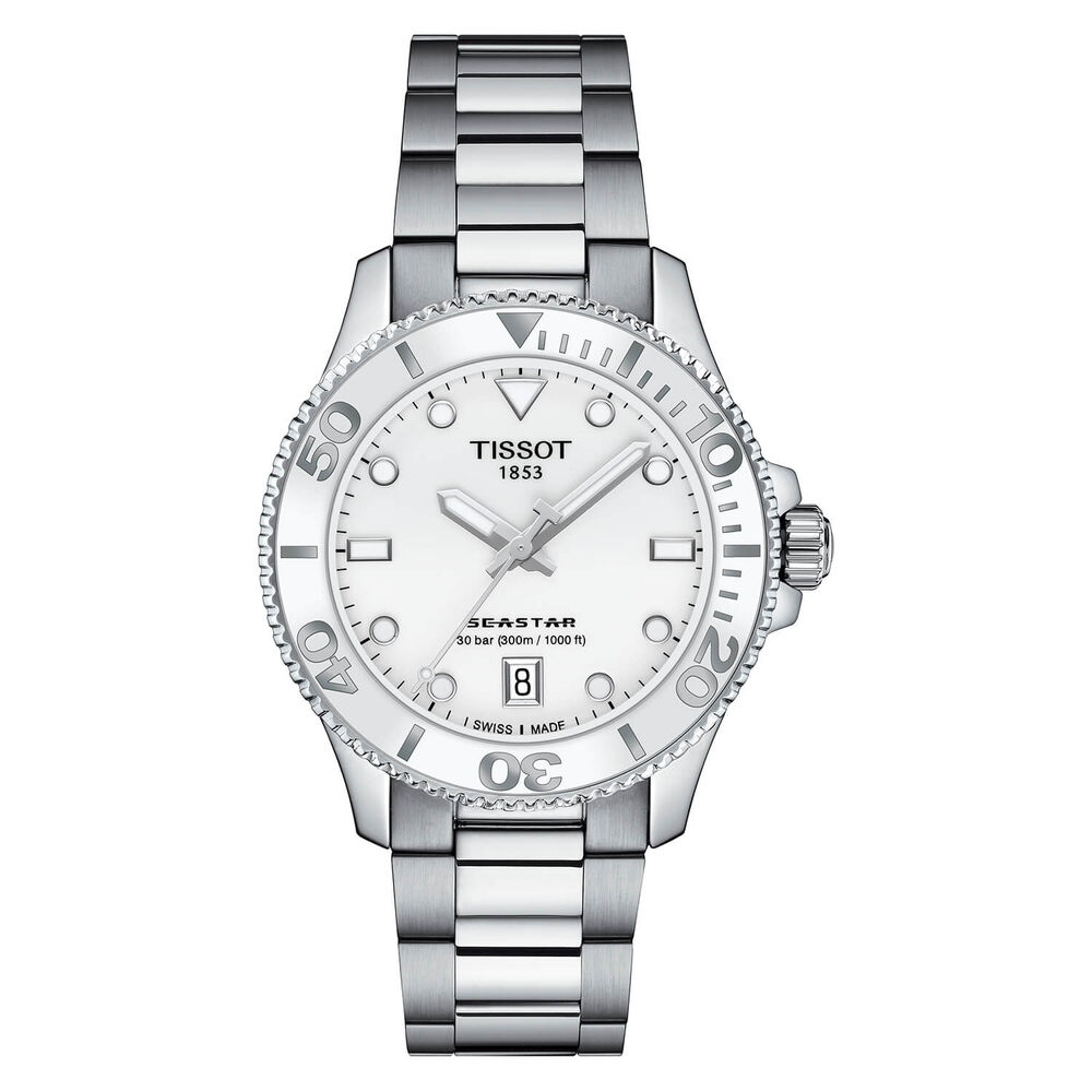 Tissot Seastar 1000 35.5mm Quartz White Dial Steel Case Steel & White Rubber Bracelet Set Watch