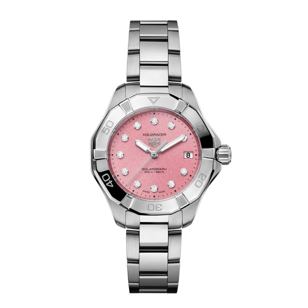 TAG Heuer Aquaracer Professional 200 Solargraph 34mm Pink Dial Diamond Dot Steel Bracelet Watch image number 0
