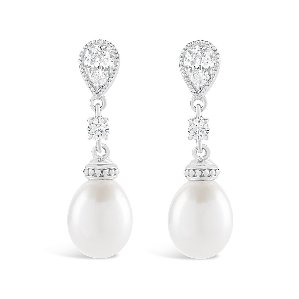9ct White Gold Oval Freshwater Pearl and Cubic Zirconia Round and Pear Top Drop Earrings