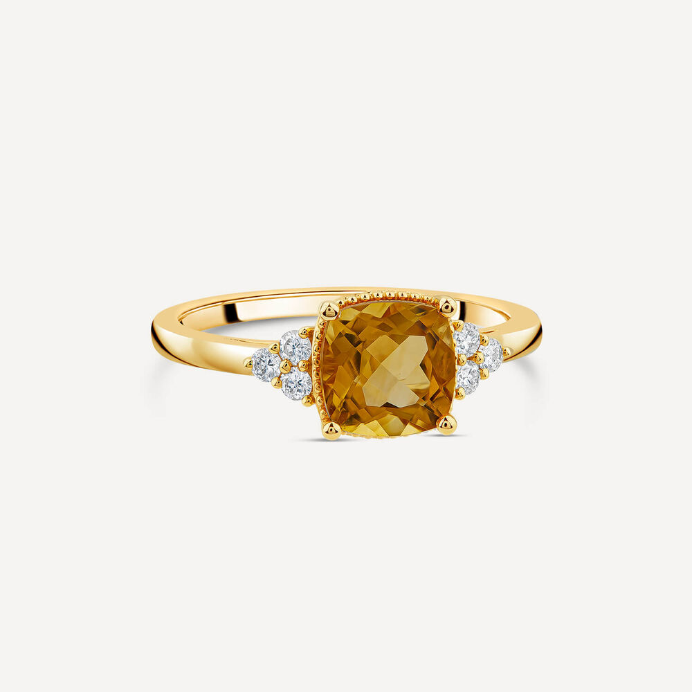 9ct Yellow Gold Cushion Citrine & 0.13ct Diamond Trefoil Sides Ring image number 2