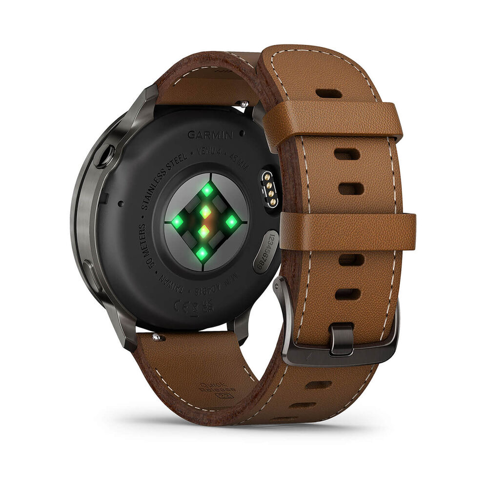 Garmin Venu 4 45mm Black Bezel Dark Brown Leather Strap Watch image number 5