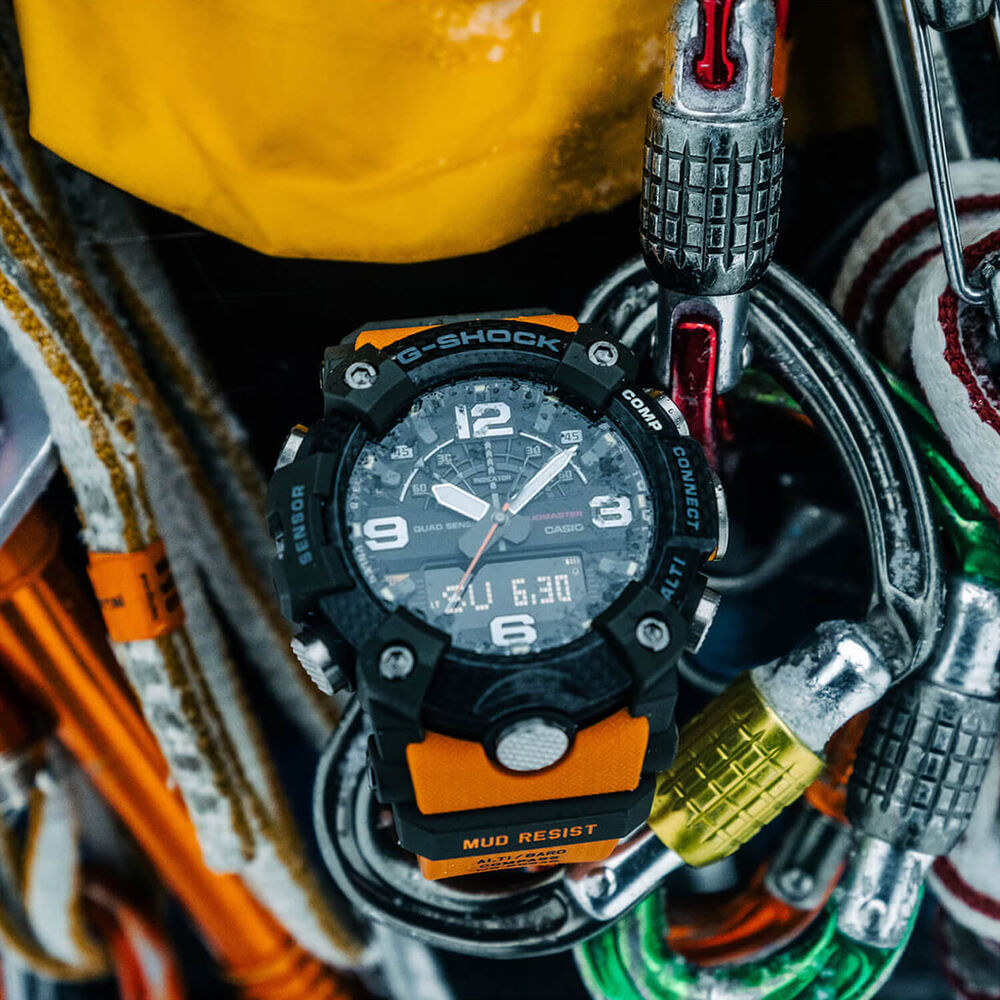 G-SHOCK Master of G Mudmaster 55.4mm Carbon Fibre Bezel & Orange Resin Strap Watch