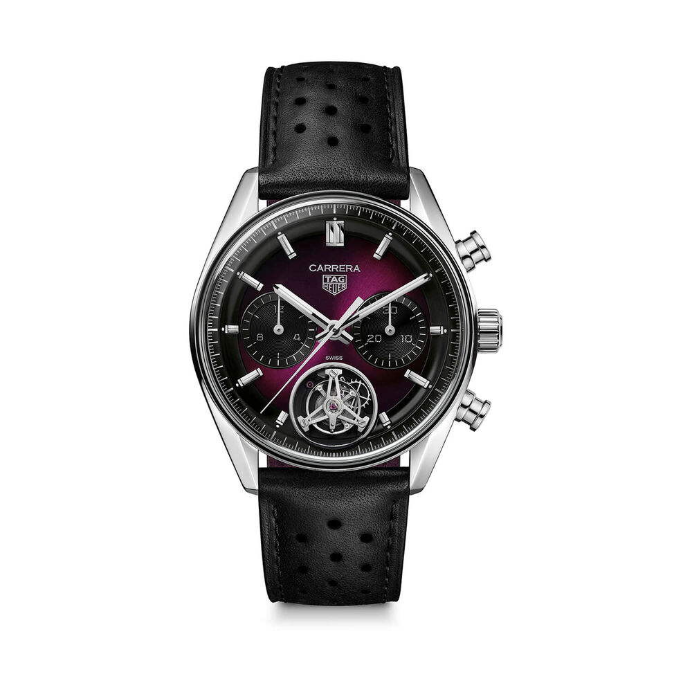 TAG Heuer Carrera Chronograph Tourbillon 42mm Purple Dial Black Leather Strap Watch