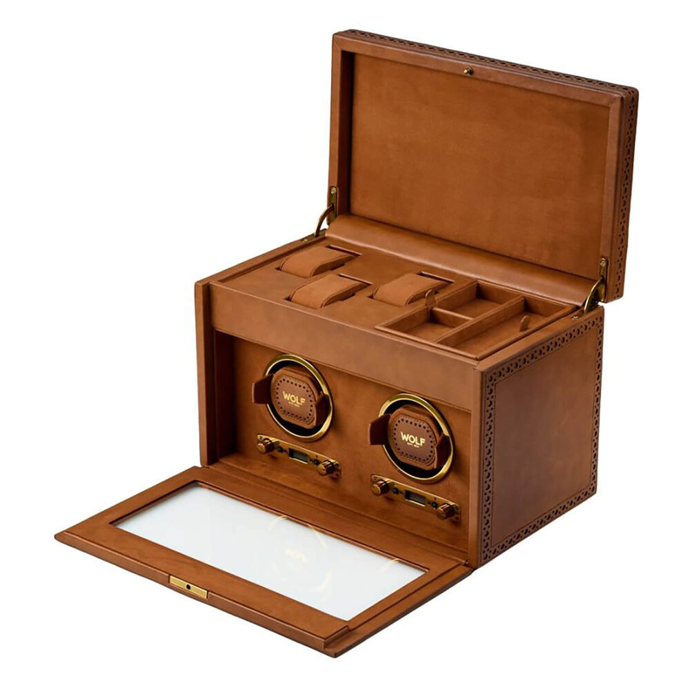 WOLF Brogue Burnished Brown Double Watch Winder With Storage