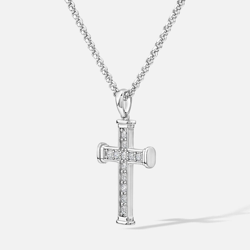 Sterling Silver Cubic Zirconia Cross Belcher Chain Pendant