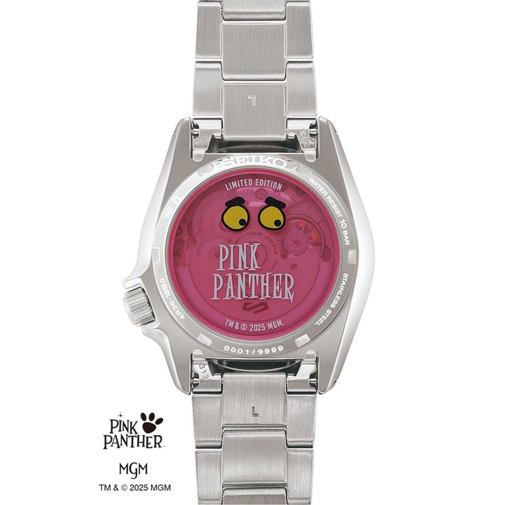 Seiko 5 Sports x Pink Panther Limited Edition 38mm Pink Dial Steel Bracelet Watch image number 3