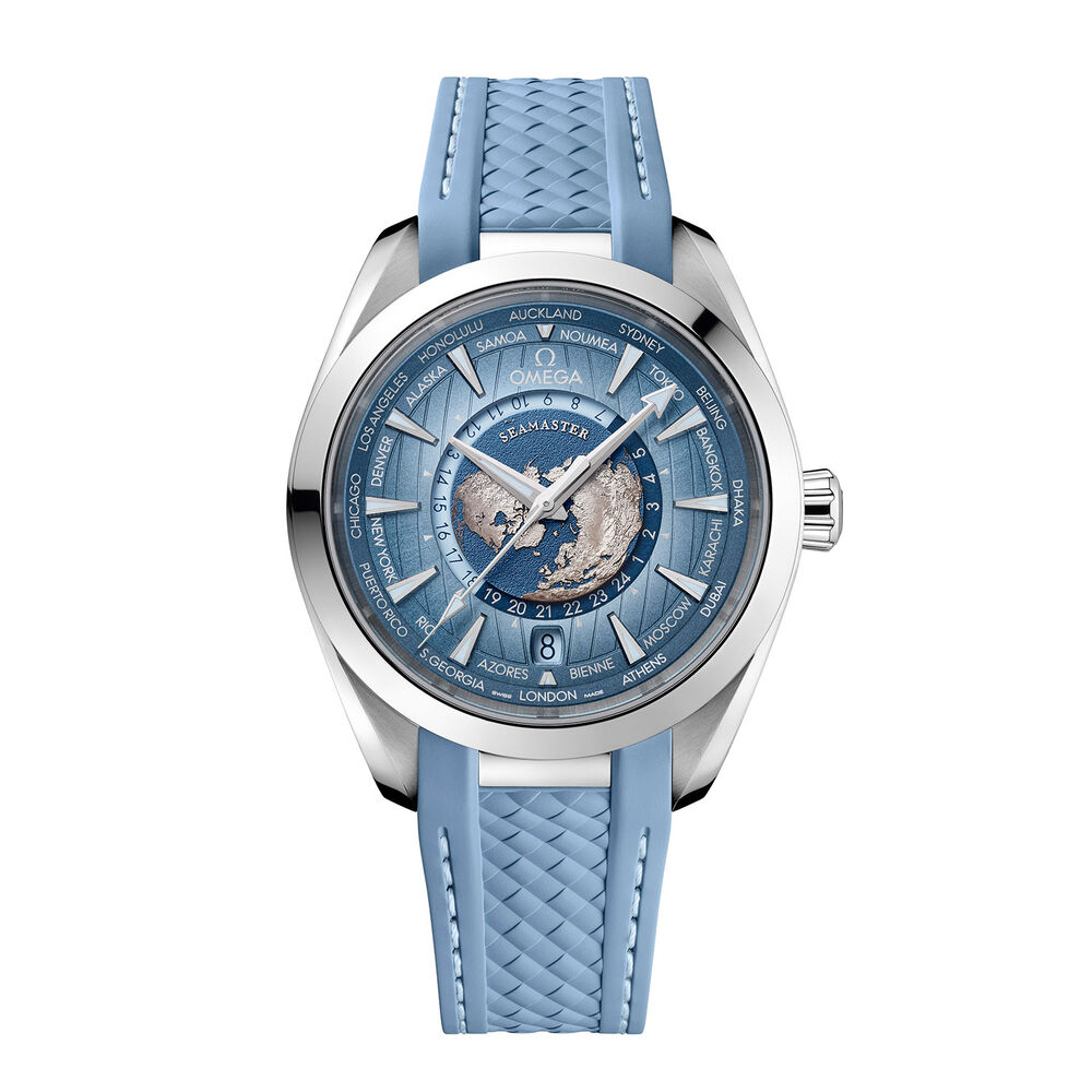 OMEGA Seamaster Aqua Terra 150M Gmt Worldtimer 43mm Summer Blue Dial Rubber Strap Watch