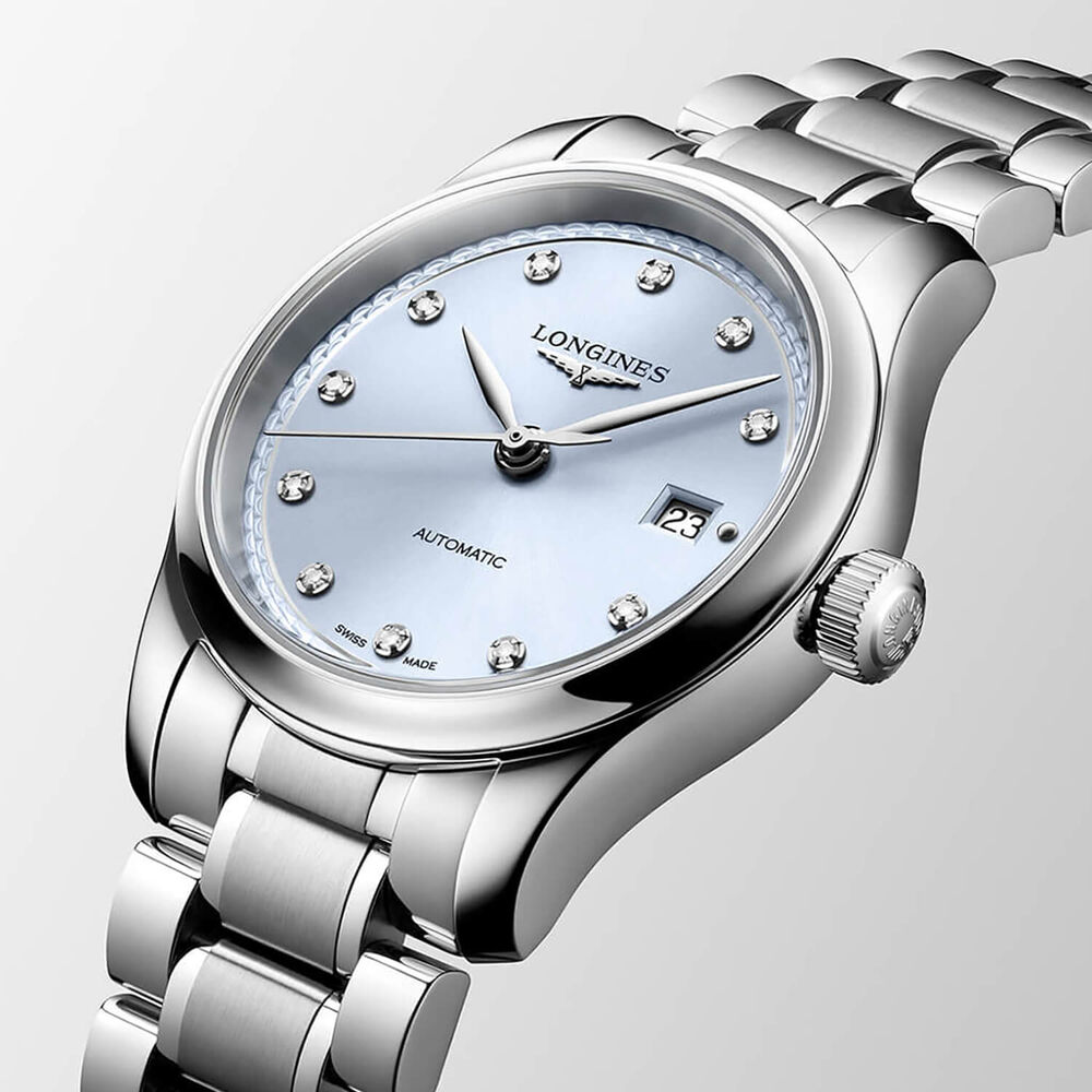 Longines Master Collection 30mm Frosted Blue Sunray Dial Diamond Dots Steel Bracelet Watch