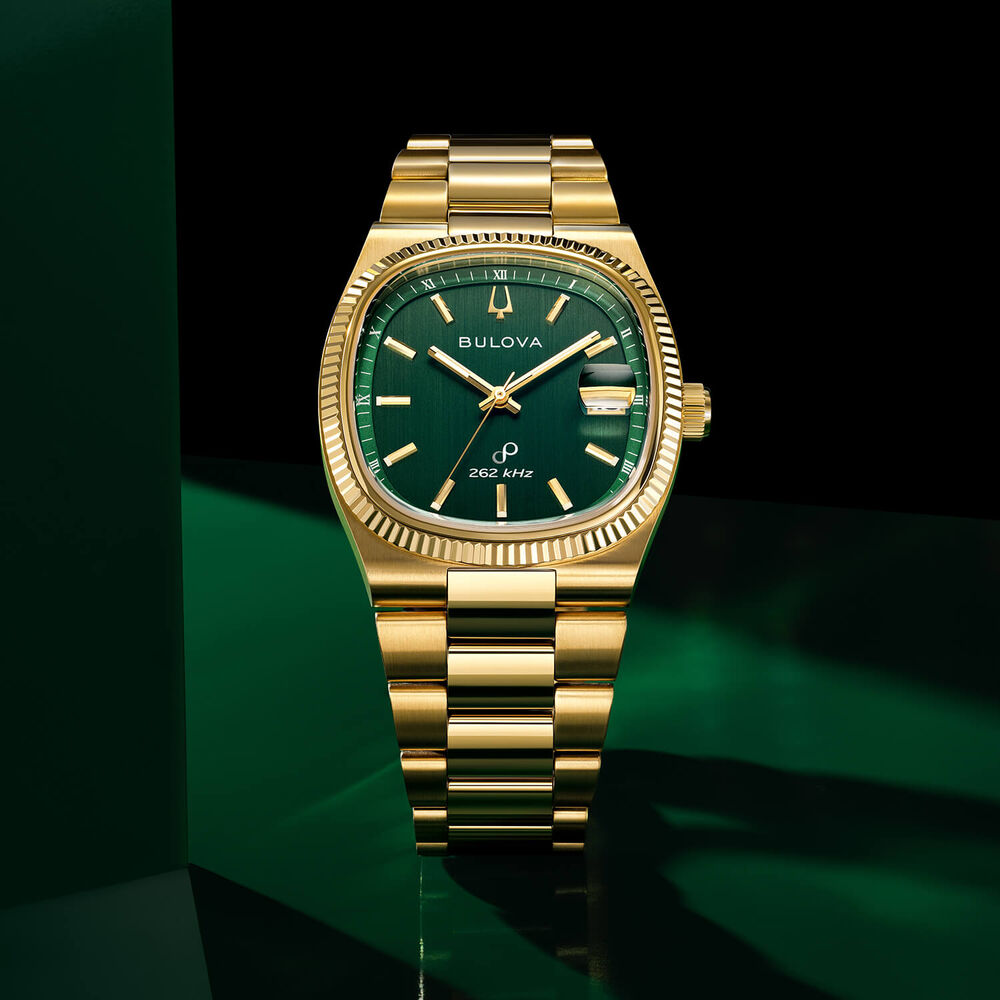 Bulova Super Seville 38mm Green Dial Gold Tone Steel Bracelet Watch image number 4