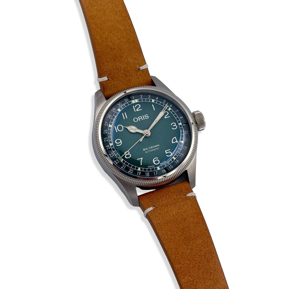 Pre-Owned Oris Big Crown 38mm Green Dial Steel Case Tan Strap Watch
