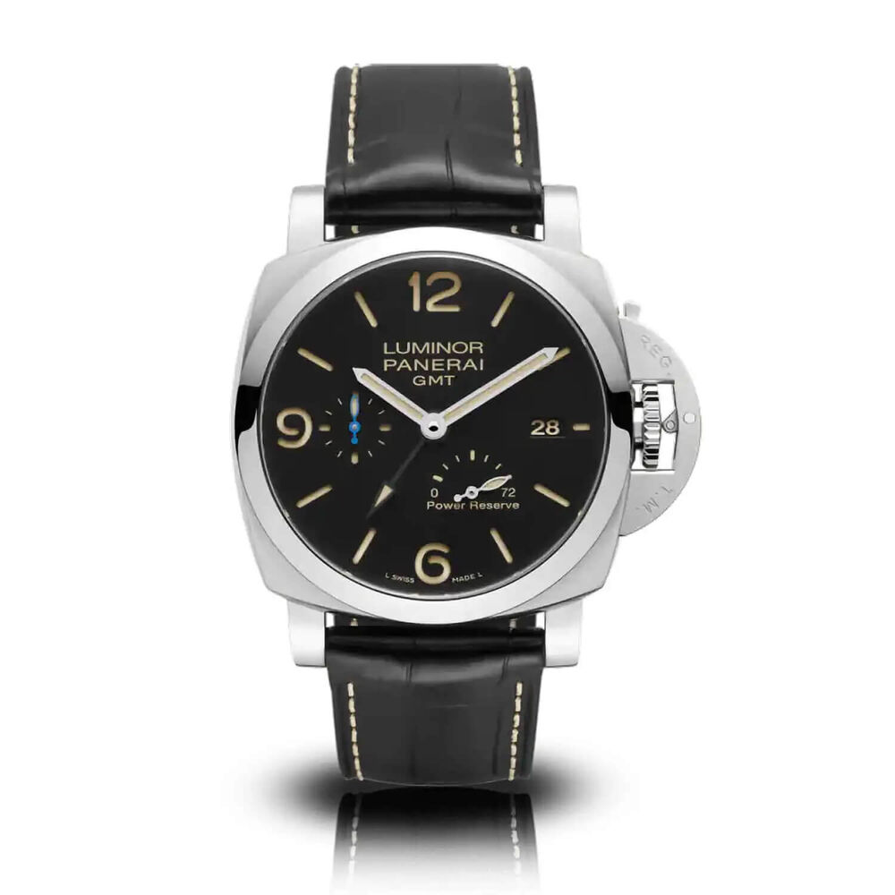 Panerai Luminor 44mm GMT Power Reserve Black Dial Strap Watch