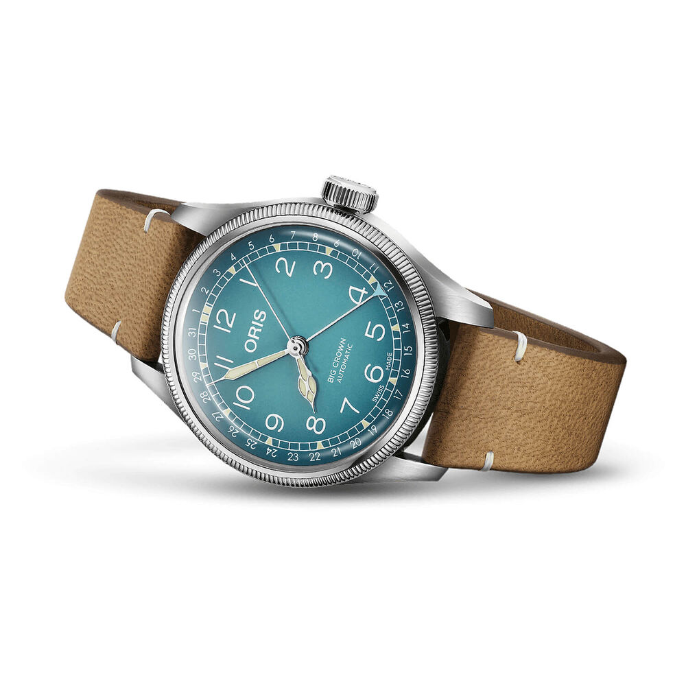 Oris Big Crown 38mm Light Blue Dial Steel Case Tan Strap Watch image number 1