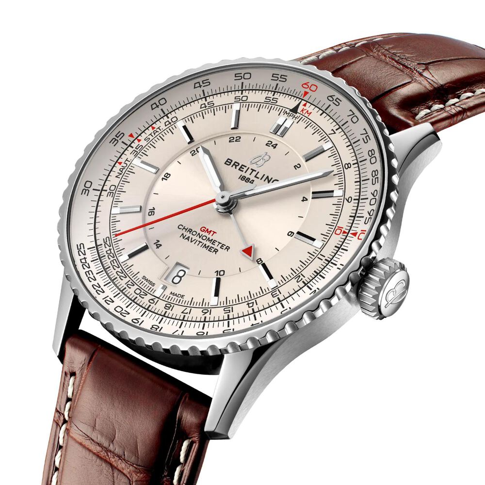 Breitling Navitimer Automatic GMT 41mm Silver Dial Brown Leather Strap Watch image number 1