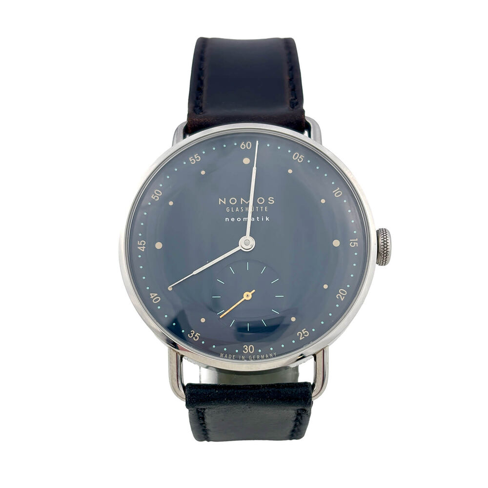 Pre-Owned NOMOS Glashutte Metro Neomatik 35mm Blue Dial Black Leather Strap Watch image number 0