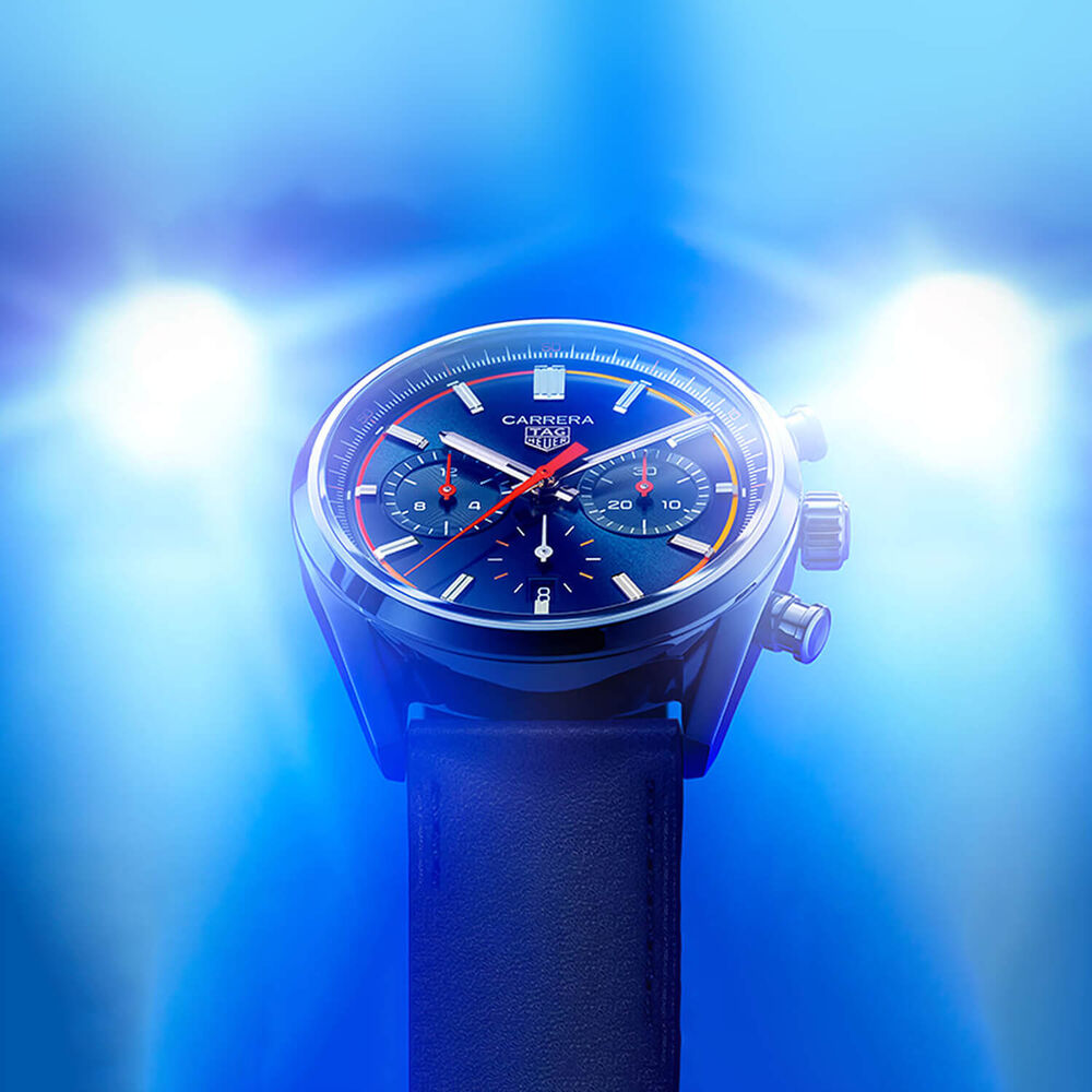 TAG Heuer Carrera Chronograph 42mm Blue Dial Red Details Leather Strap Watch image number 8