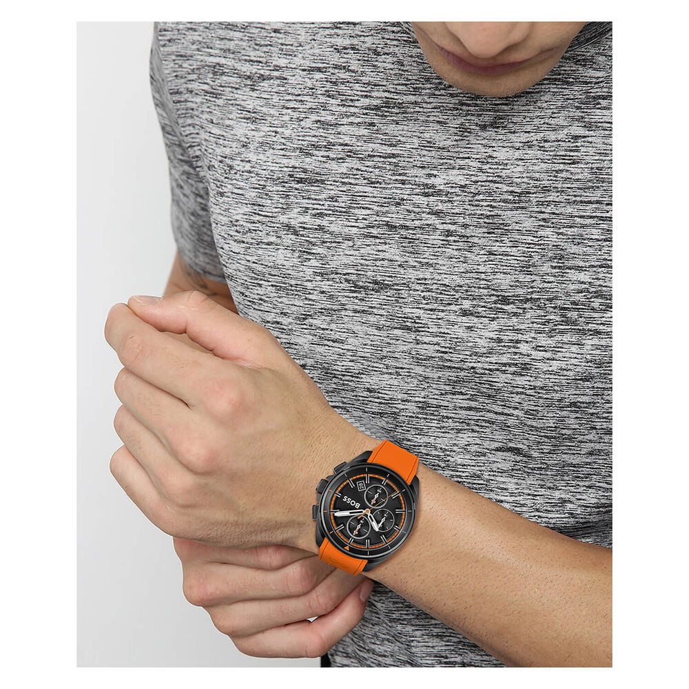 BOSS Volane Chronograph 44mm Quartz Black Dial Steel Case Orange Rubber Strap Watch image number 2