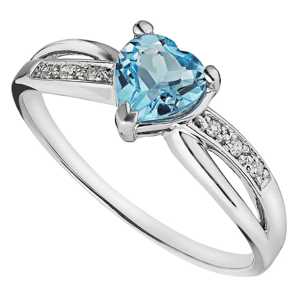 9ct White Gold Diamond & Heart-Shaped Blue Topaz Ring
