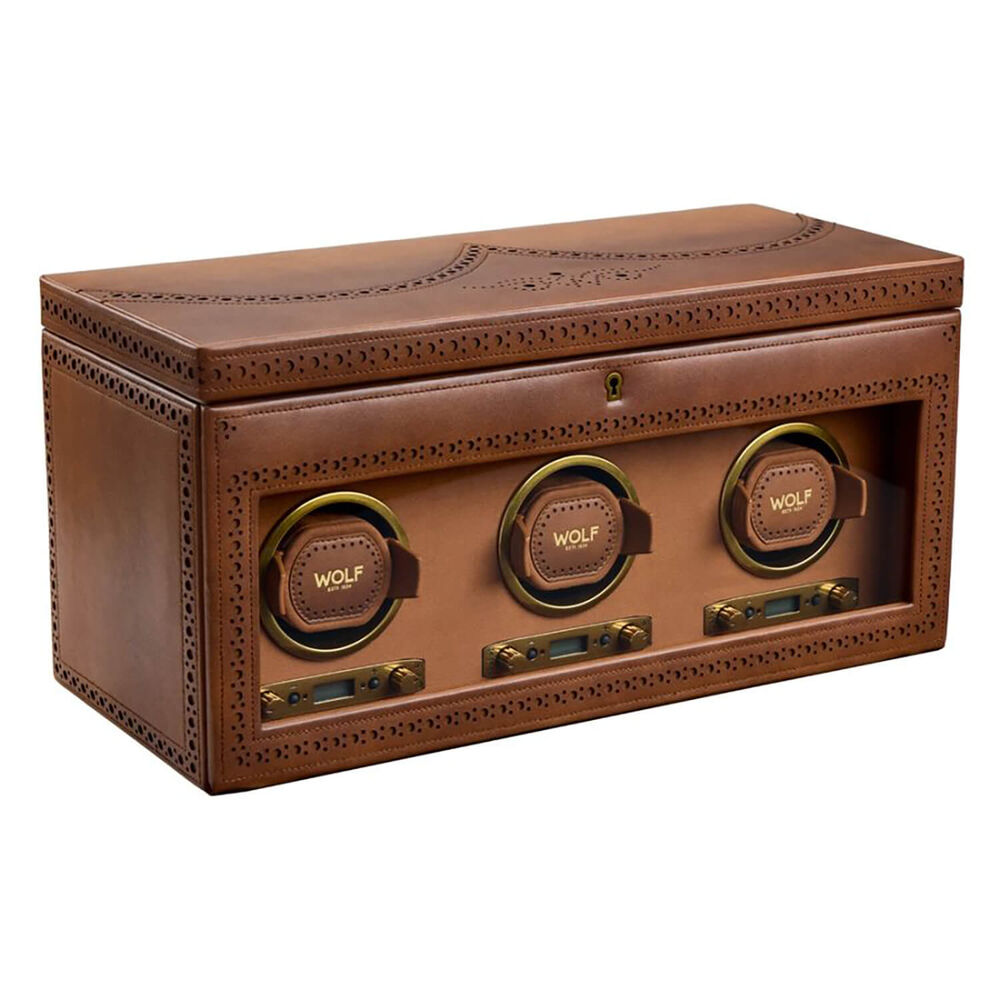 WOLF Brogue Burnished Brown Triple Watch Winder With Storage
