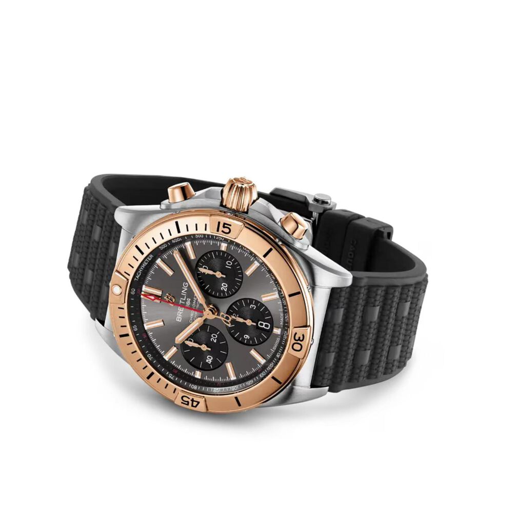 Breitling Chronomat B01 42mm Black Dial Rose Gold Bezel Rubber Strap Watch image number 2