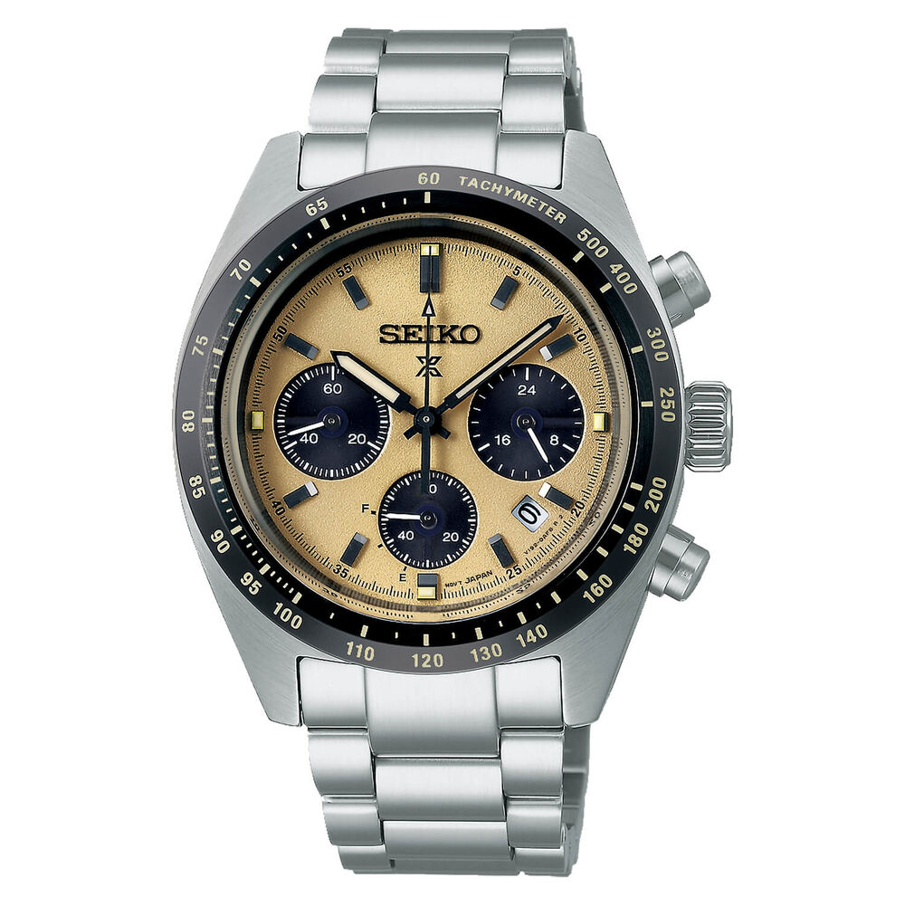 Seiko Prospex Speedtimer Solar 39mm Chronograph Beige Dial Steel Case Bracelet Watch