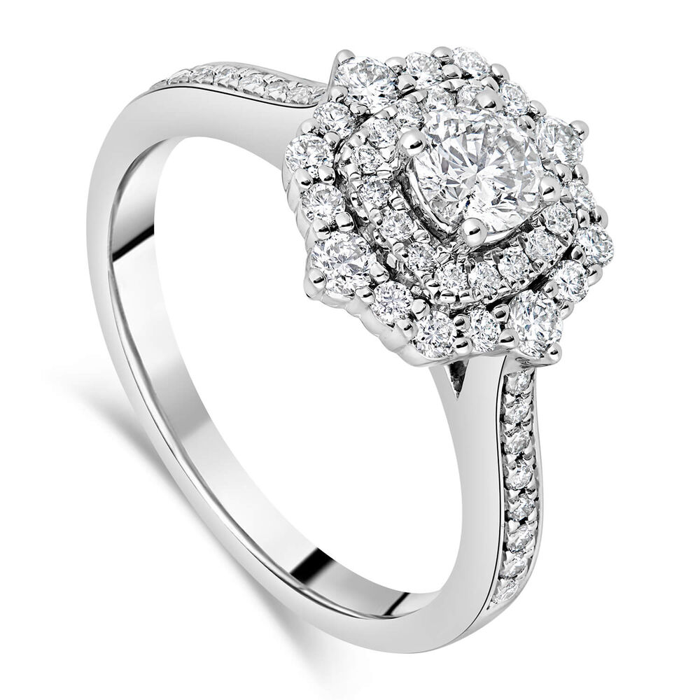 18ct White Gold Double Halo Cluster Stone Set Shoulders 0.75ct Diamond Ring