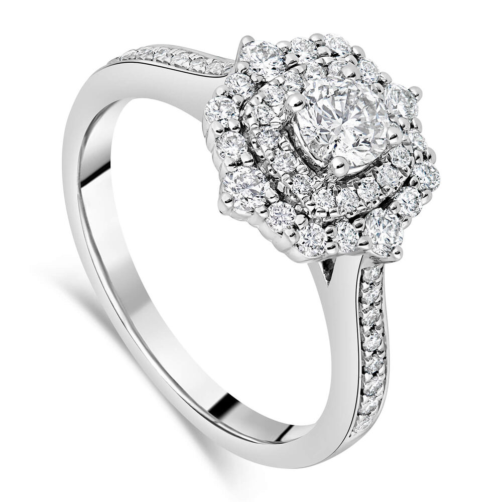 18ct White Gold Double Halo Cluster Stone Set Shoulders 0.75ct Diamond Ring image number 0
