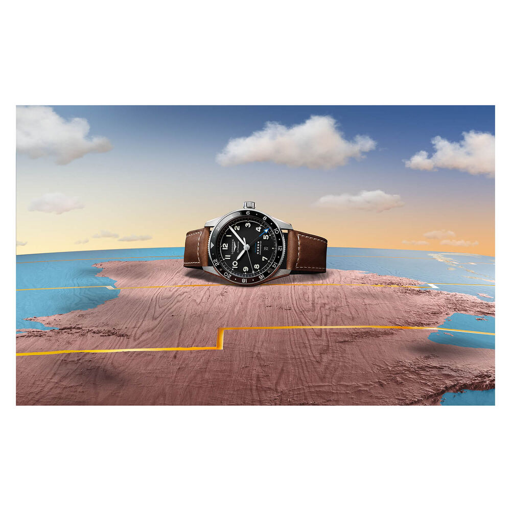 Longines Avigation Spirit Zulu 42mm Automatic Black Dial Green Bezel Steel Case Brown Leather Strap Watch image number 5