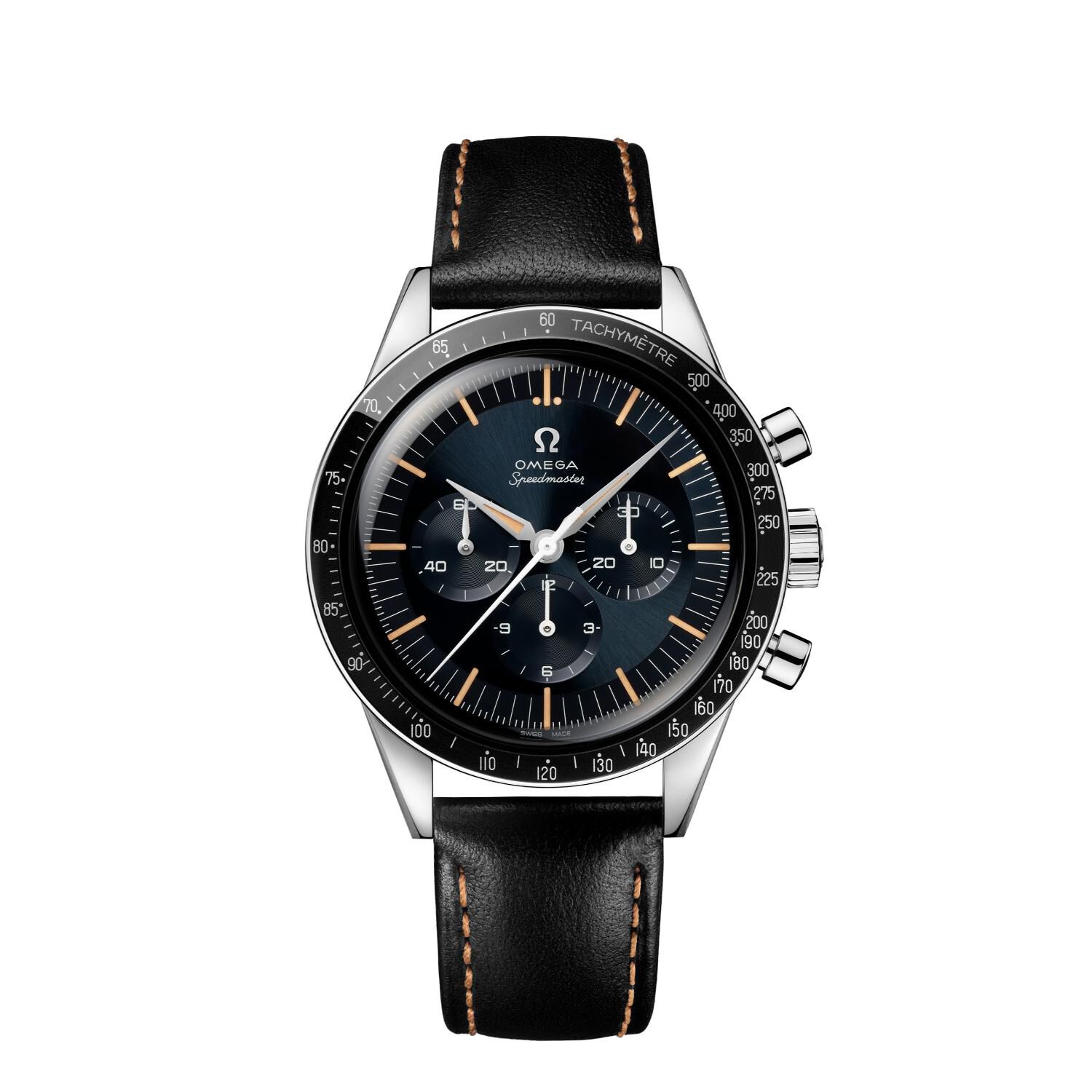 OMEGA First OMEGA in Space Black Leather Strap Watch