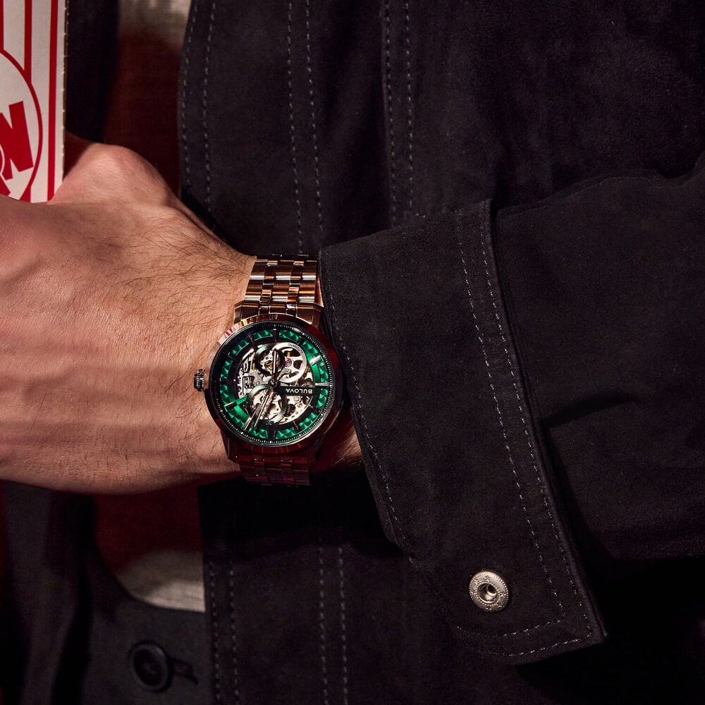 Bulova Sutton Automatic 43mm Green Skeleton Dial Steel Bracelet Watch image number 5