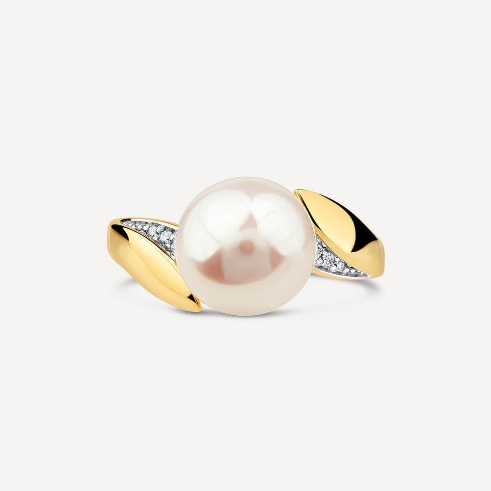 9ct Yellow Gold Freshwater Pearl 0.04ct Diamond Set Twist Shoulders Ring