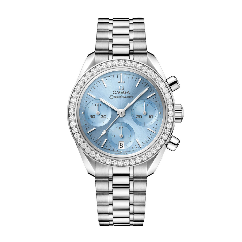 OMEGA Speedmaster 38mm Ice Blue Dial Diamond Set Bezel Steel Bracelet Watch