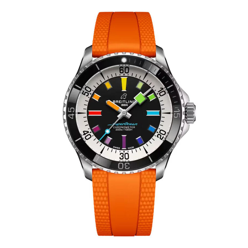 Breitling Superocean 42mm Black Dial Rainbow Indexes Orange Rubber Strap Watch image number 0