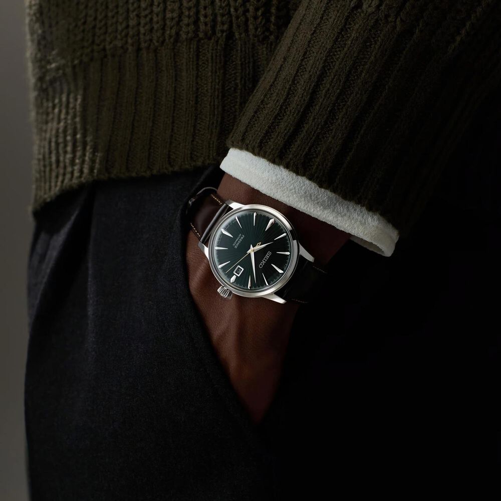 Seiko Presage Cocktail Time &lsquo;Mockingbird&rsquo; 40.5mm Green Dial Brown Leather Strap Watch