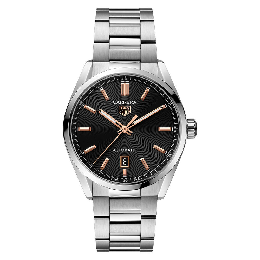 TAG Heuer Carrera Date 39mm Black Dial Rose Gold Index Stainless Steel Bracelet Watch image number 0