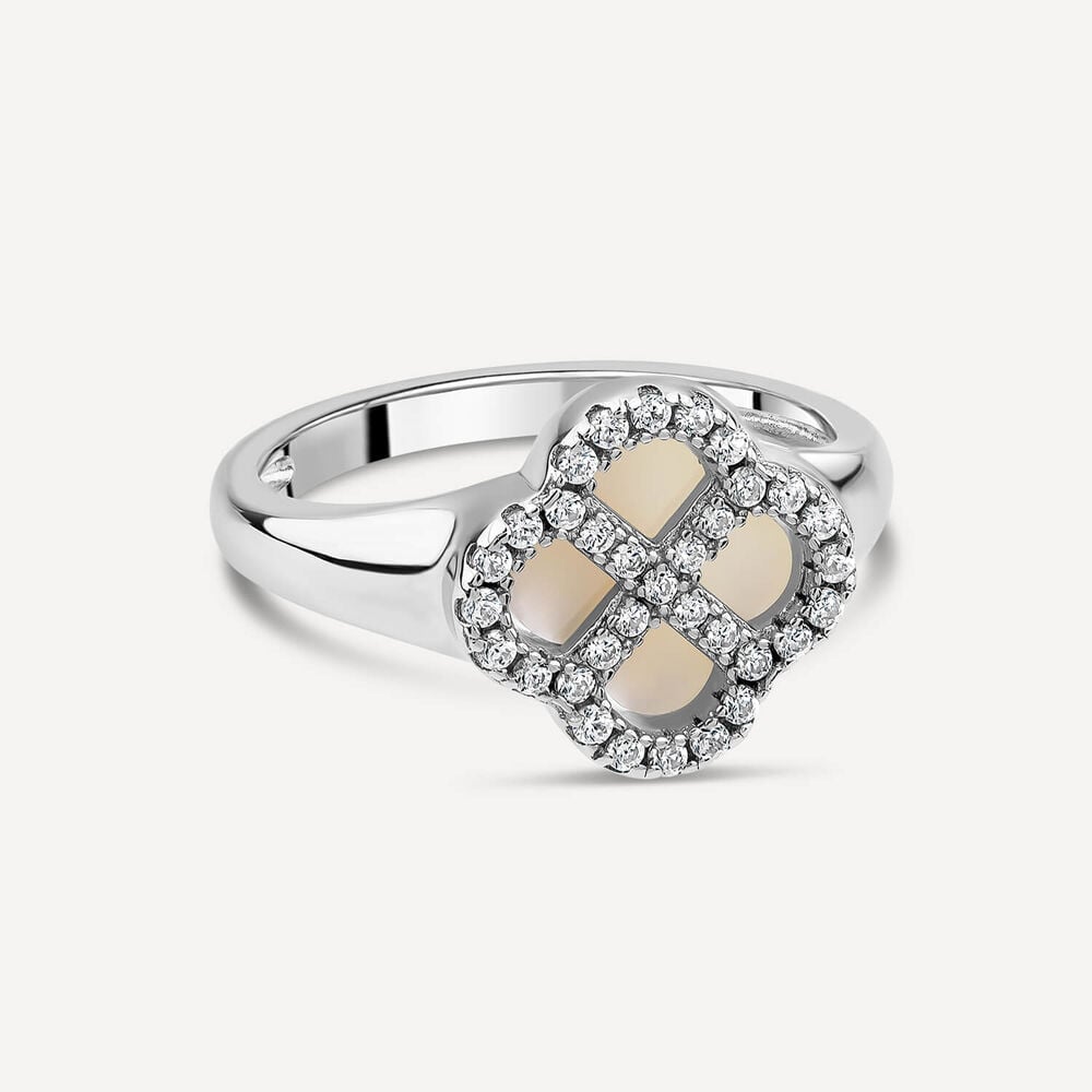 Sterling Silver Mother of Pearl Centre Cubic Zirconia Clover Petal Ring image number 2
