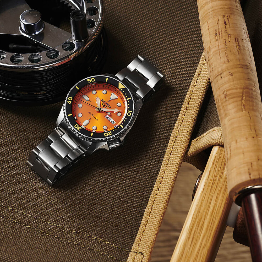 Seiko 5 Sports 42.5mm Orange Dial Stainless Steel Bracelet Watch image number 2