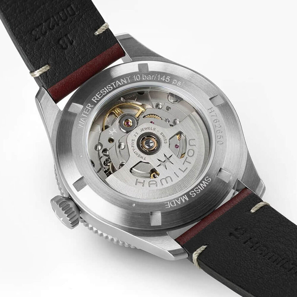 Khaki Aviation Pilot Pioneer 38mm White Dial Burgundy Leather Strap Watch image number 5
