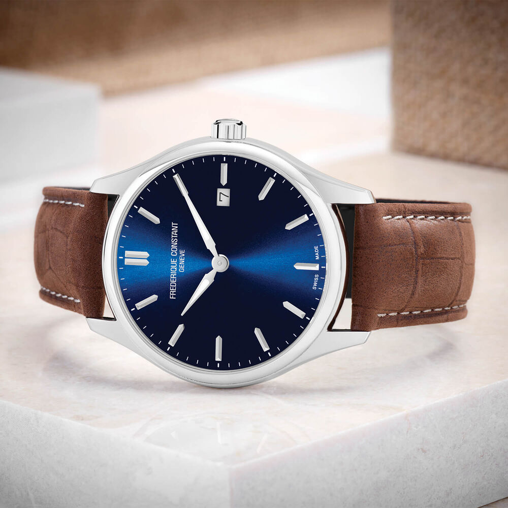 Frederique Constant Gentlemen Classic 40mm Quartz Blue Dial Brown Leather Strap Watch image number 1