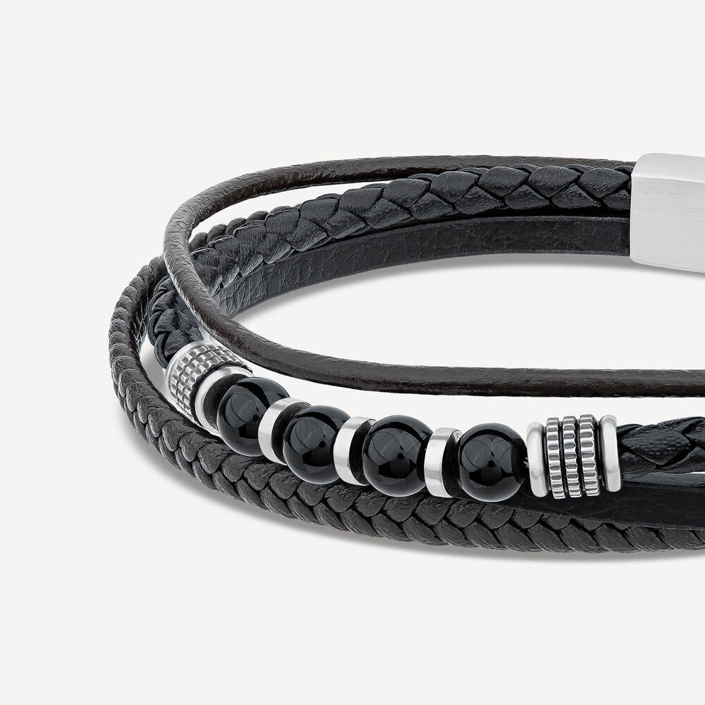 Gents Steel Onyx & Leather Multi Strap Bracelet image number 1