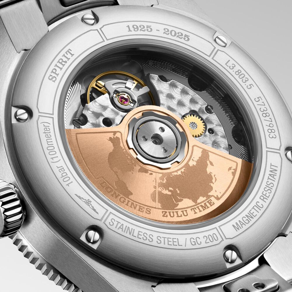 Longines Spirit Zulu Time 1925 39mm Black Dial 18kt Rose Gold Bezel Steel Bracelet Watch image number 7