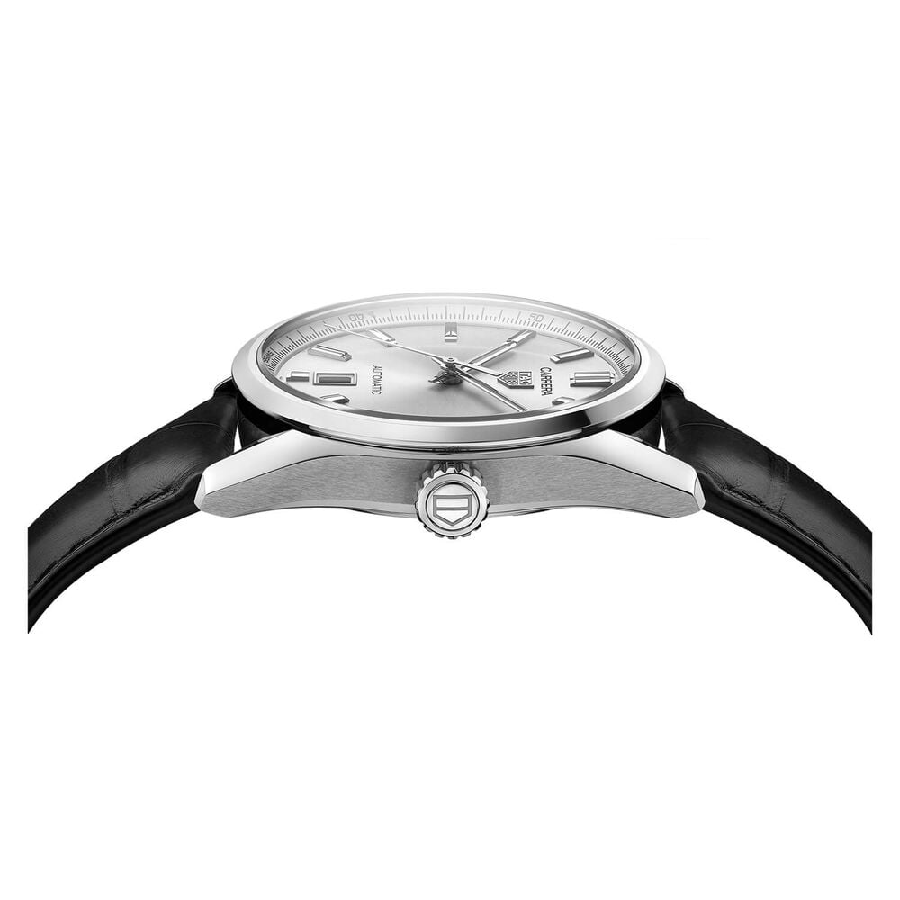 TAG Heuer Carrera Date Automatic 39mm Silver Dial Steel Case Black Leather Strap Watch image number 3