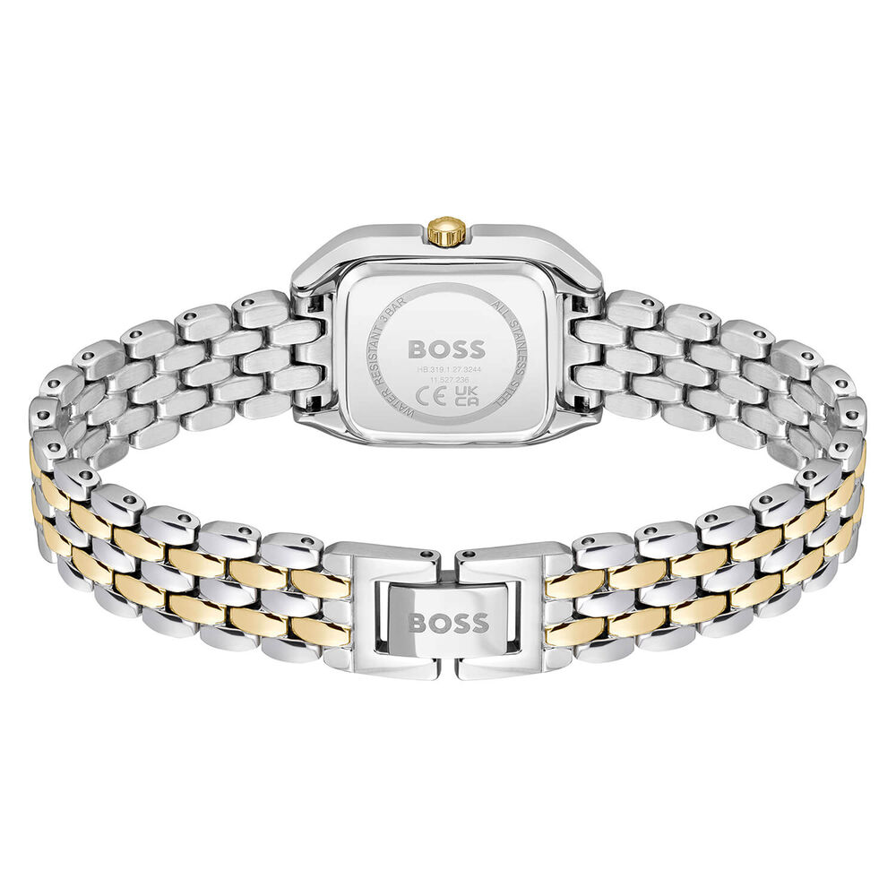 BOSS Mae Petite 22mm Square Green Dial Gold Tone Bezel Steel Bracelet Watch image number 3