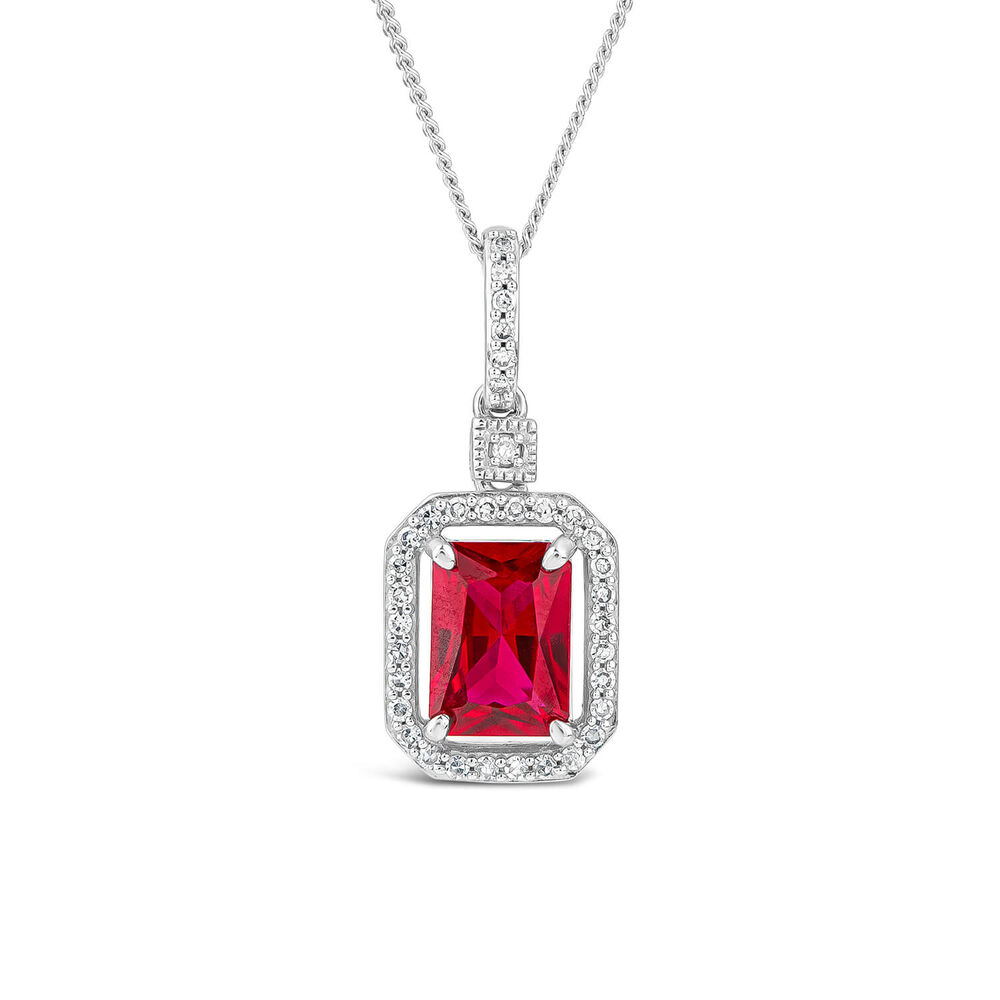 9ct White Gold Rectangular Created Ruby & Diamond Cluster Bale Pendant image number 0