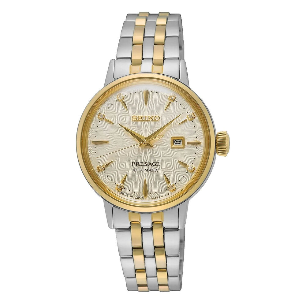 Seiko Presage 30mm Cocktail Time 'White Lady' Diamond Twist Yellow Gold Case Watch