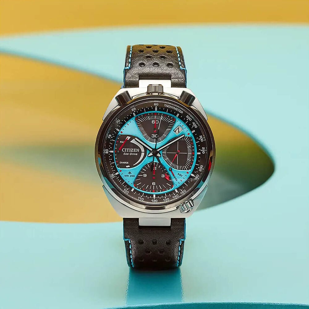 Citizen Promaster Bullhead Racing Chronograph 45mm Blue Dial Black Leather Strap Watch image number 2