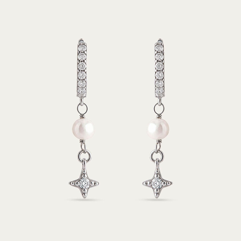 Sterling Silver Pearl & Cubic Zirconia Star Huggie Earrings