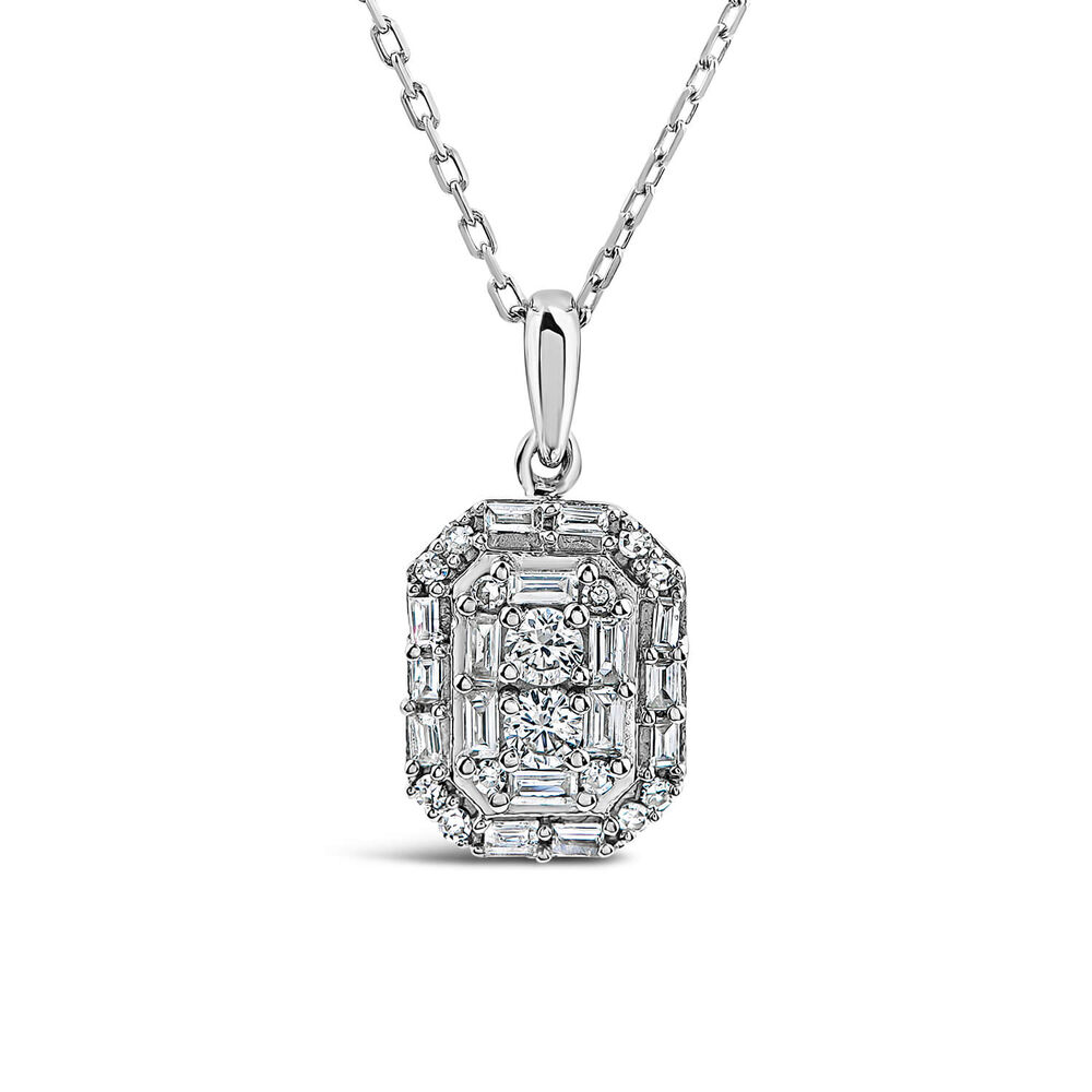 9ct White Gold 0.20ct Octagonal Baguette & Round Cluster Diamond Pendant image number 0